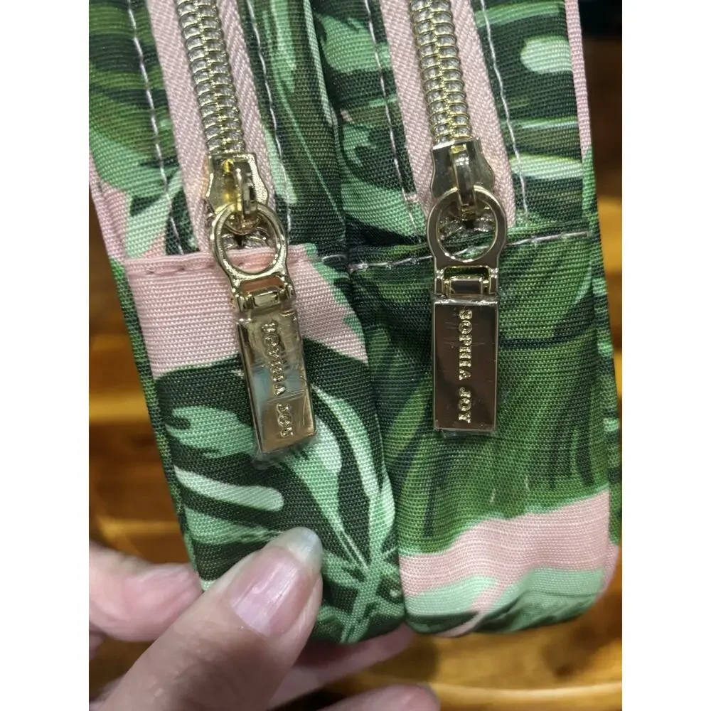 Sophia Joy Fabric Tropical Leaf Print Double Zip Makeup Bag, Green/Pink